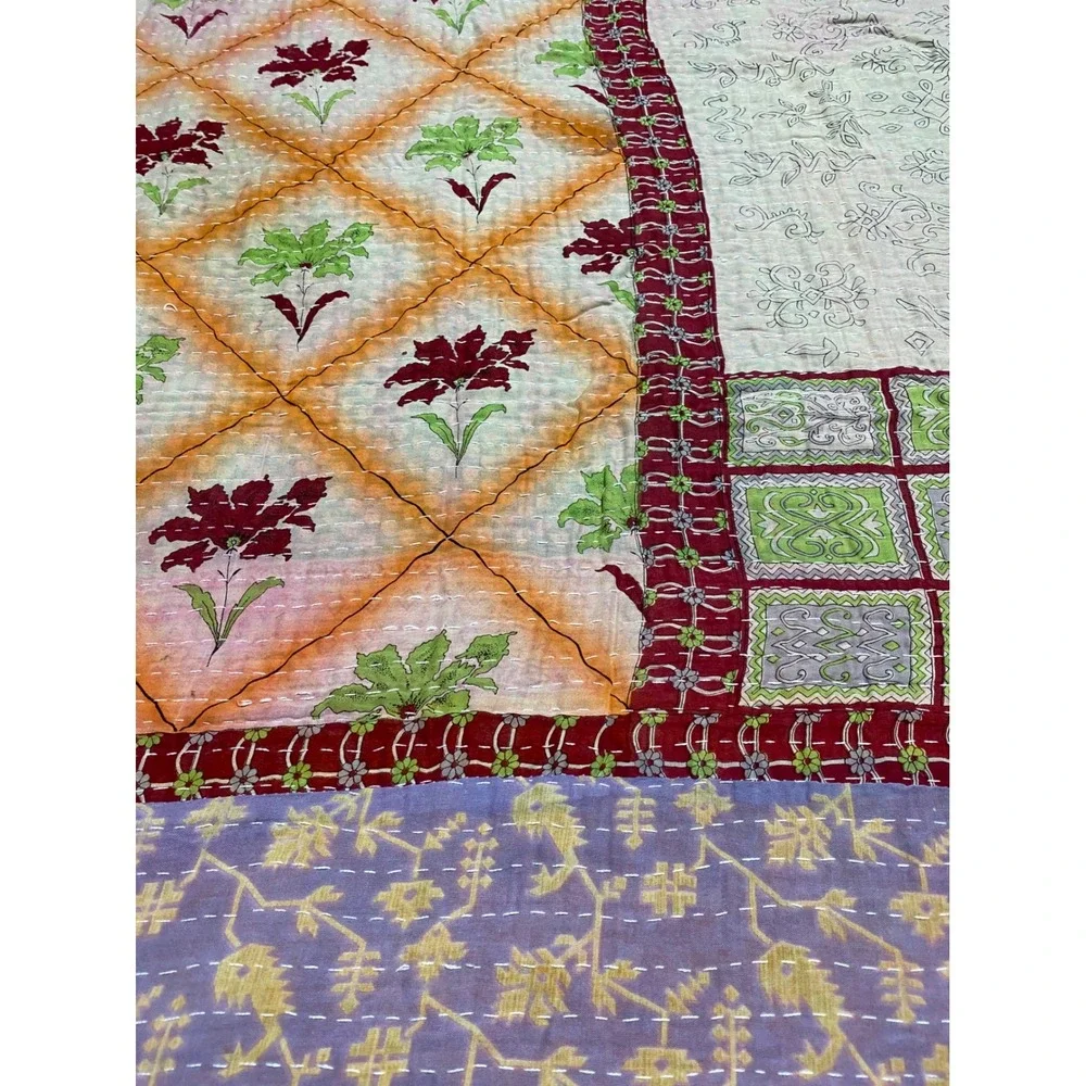 Kantha Quilt Reversible Hand Stitched Cotton Patchwork Throw Blanket Red Boho